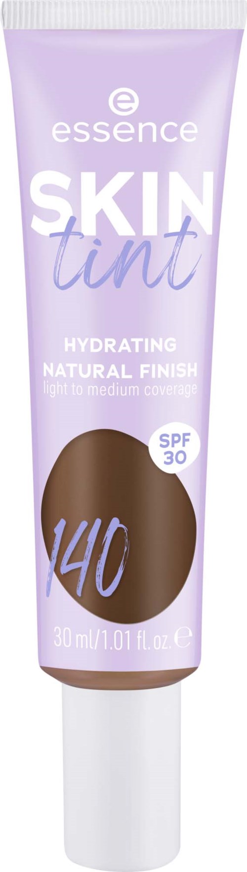 Lavendelfärgad tub med Essence Skin Tint med SPF 30, ger en naturlig, fuktgivande finish. Innehåller nyansen 140.