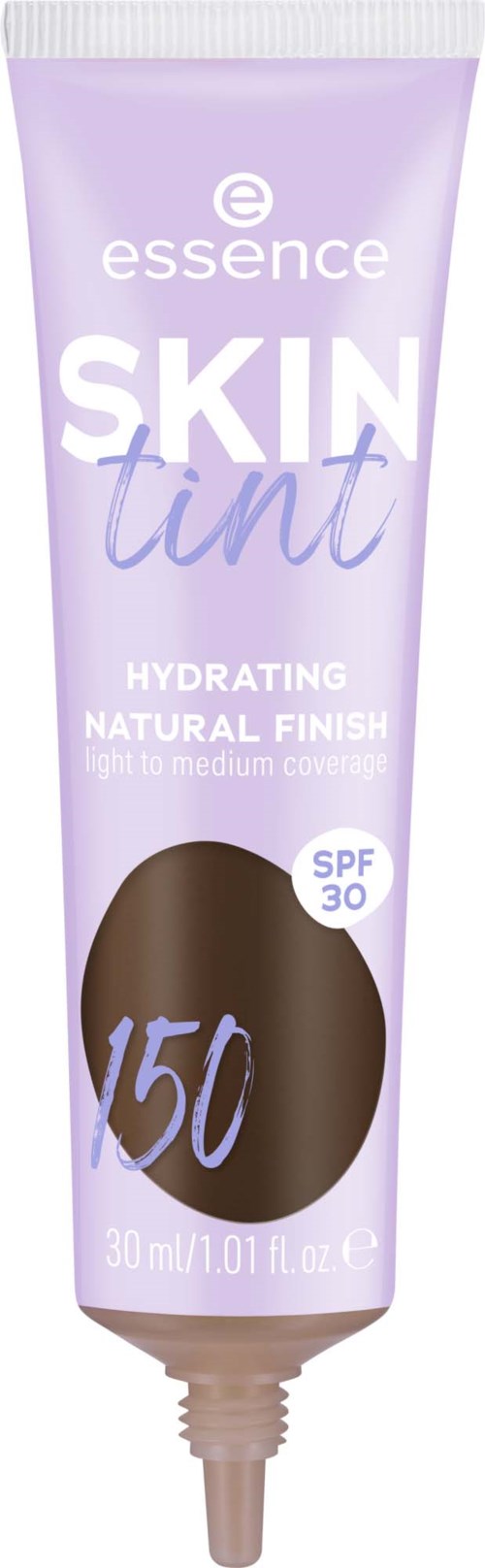 Lavendelfärinen essence skin tint -tubu, SPF 30, kevyt peittävyys ja sävy 150. Se kosteuttaa ja antaa luonnollisen lopputuloksen.