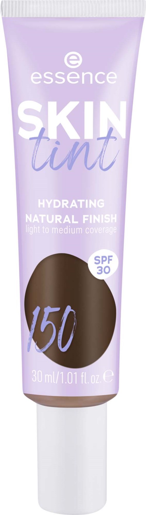 Lavender-paketti Essence Skin Tint kanssa SPF 30, korostaa kosteutta, luonnollista lopputulosta ja kevyttä keskitiheyttä.