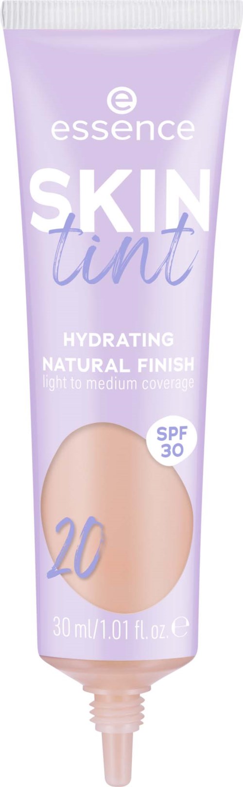 A lavender tube of essence skin tint with SPF 30, showing a beige swatch and text about hydration and natural finish.