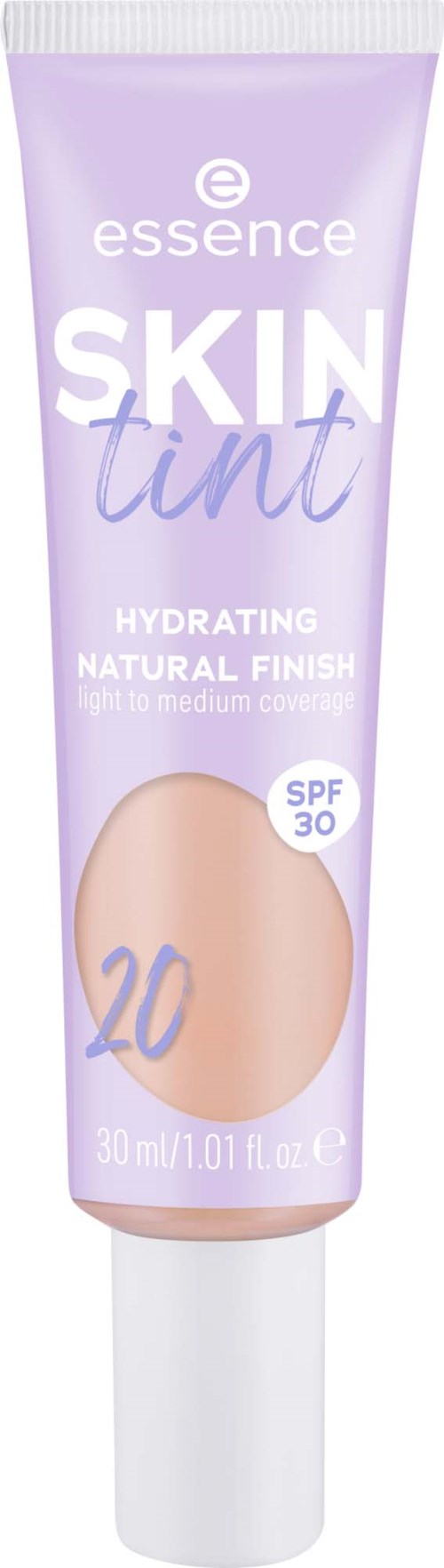 A lavender tube of Essence Skin Tinte with SPF 30 for natural, medium coverage and hydration.