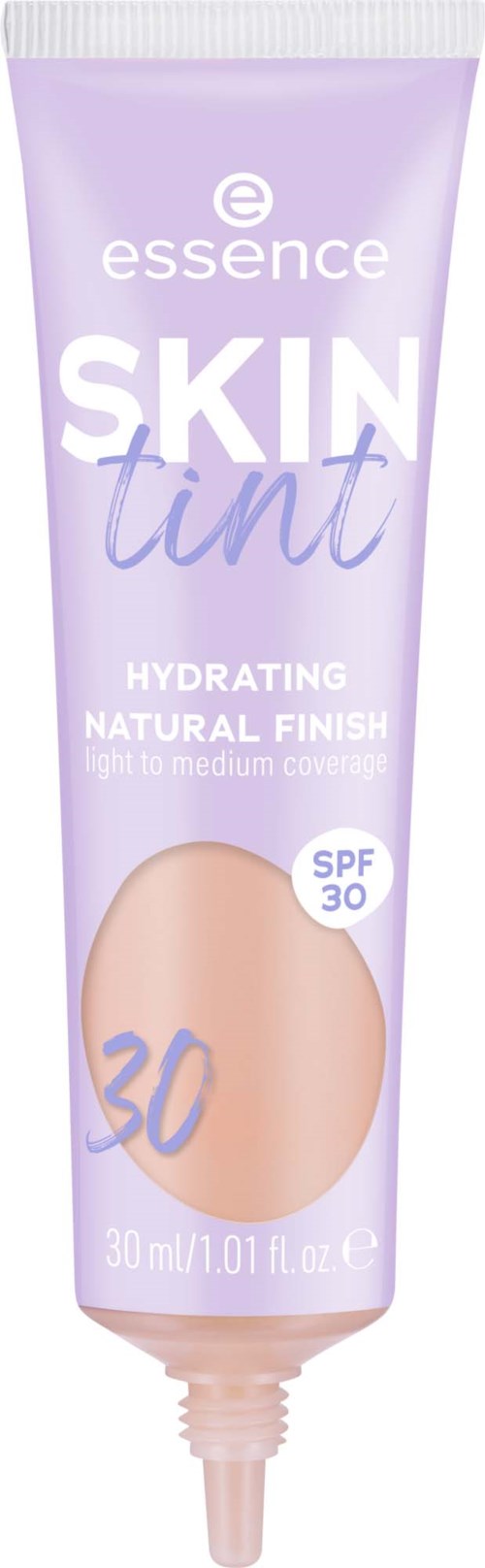 Lila tube van Essence Skin Tinted moisturizer met SPF 30, lichte tot medium dekking, voor natuurlijke hydratatie.