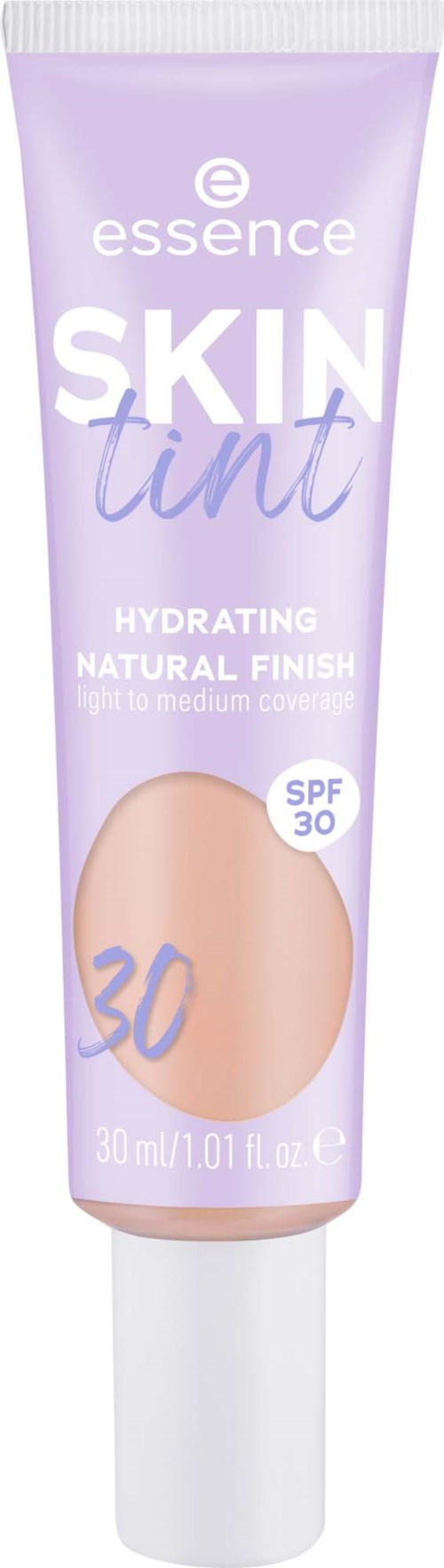 Paars gekleurde tube met essence skin tint met SPF 30 voor natuurlijke, hydraterende lichte tot medium dekking.