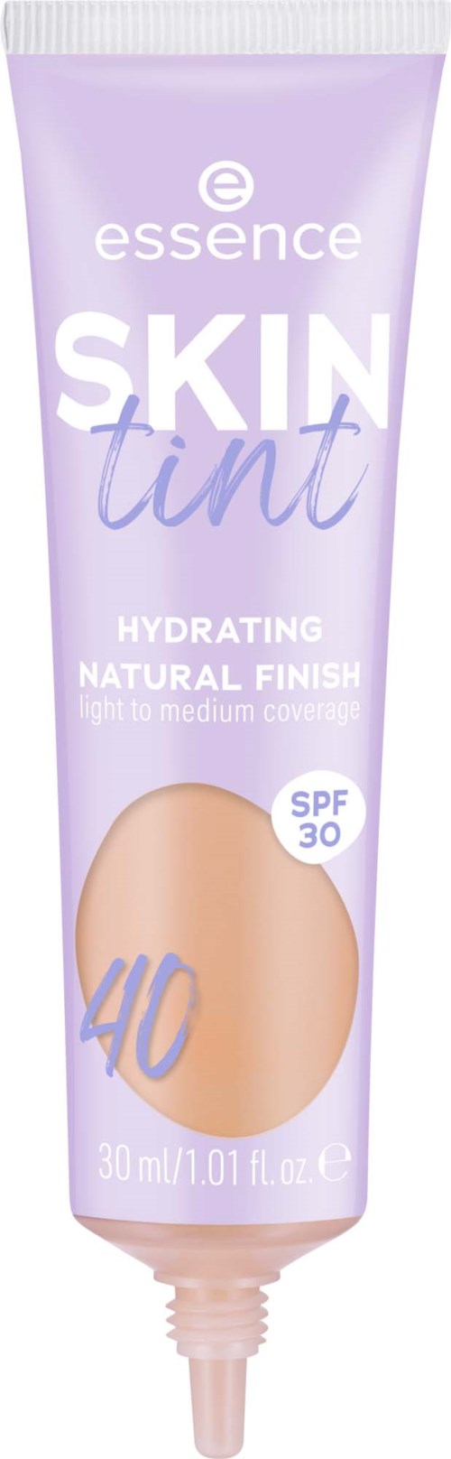 En lila tub av essence skin tint för naturlig, återfuktande, lätt till medel täckning med solskydd SPF 30.