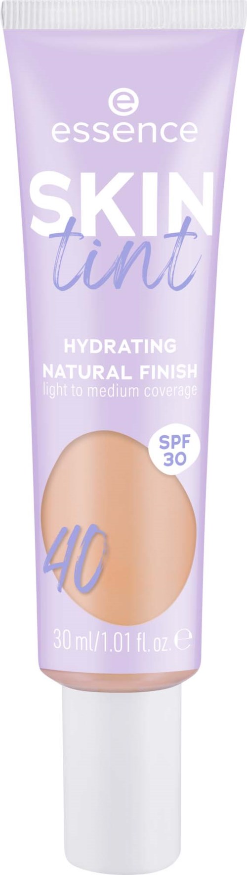 En lila tub med Essence Skin Tint, SPF 30, för naturlig, lätt till medel täckning, i nyansen 40.