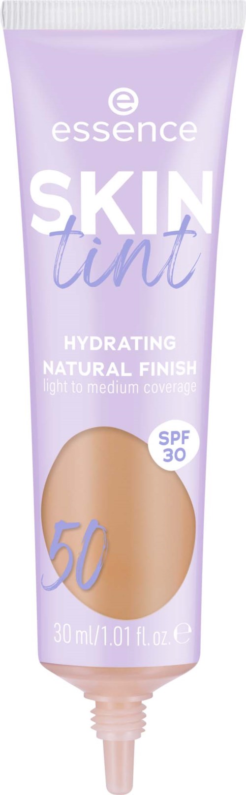 En tub med essence skin tint med SPF 30, som ger återfuktande och naturligt resultat, i lätt till medel täckning.
