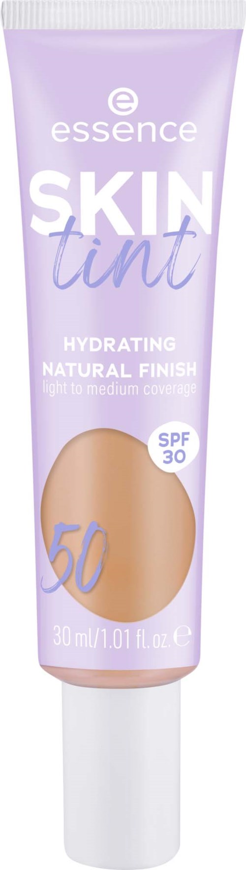 En lila tub med essence skin tint med SPF 30, ger lätt till medel täckning för ett naturligt resultat.