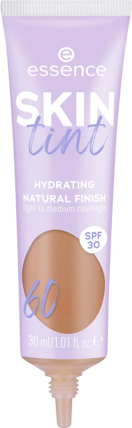 En tub med essence skin tint makeup med SPF 30, lätt täckning och naturligt utseende, i en lila flaska.