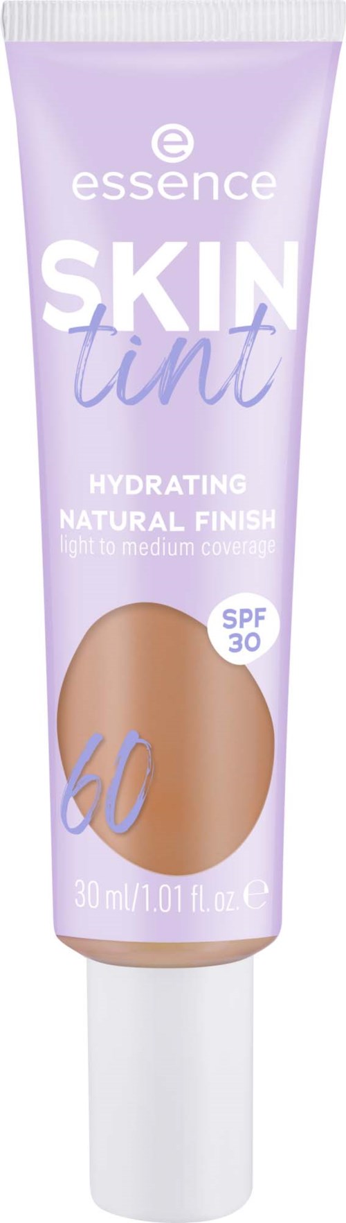 En lavendelfärgad tub med essence Skin Tint med SPF 30, ger återfuktning och naturlig finish med medel täckning.