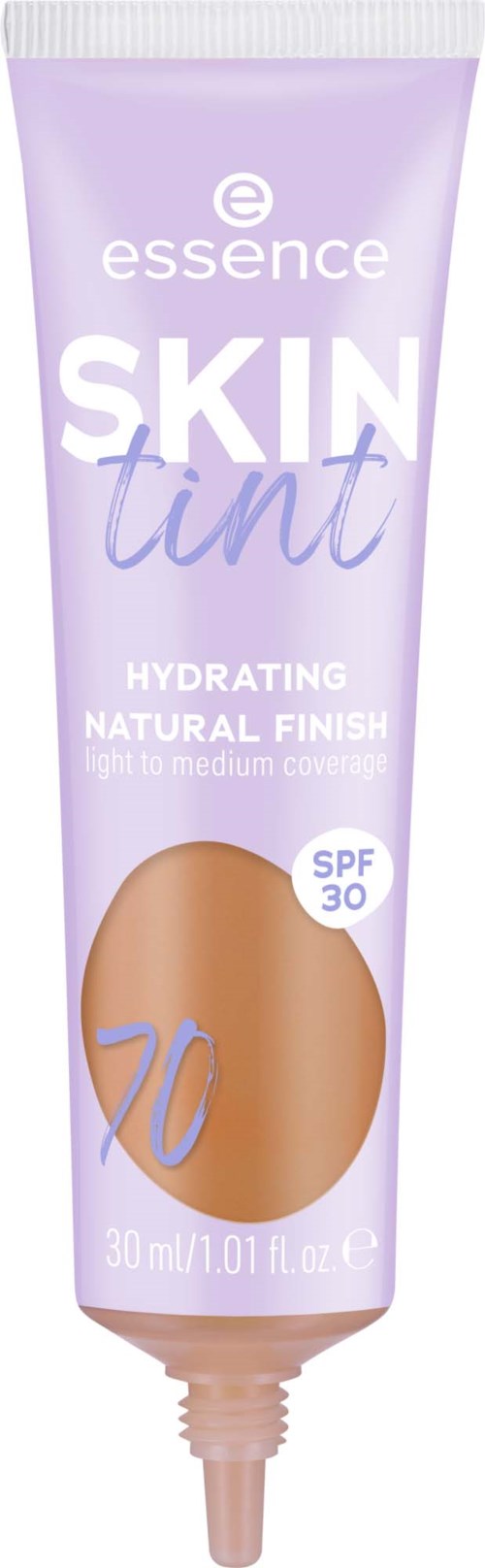 En lila tub med essence skin tint med SPF 30, ger hydrering och naturlig finish för lätt till medel täckning.