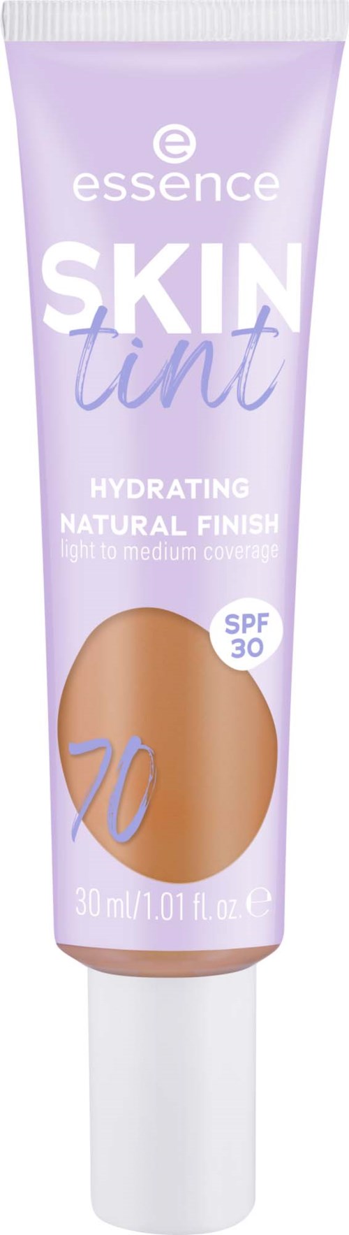 En lila tub med ansiktstint med SPF 30, märkt som återfuktande, naturligt utseende och lätt till medeltäckning.