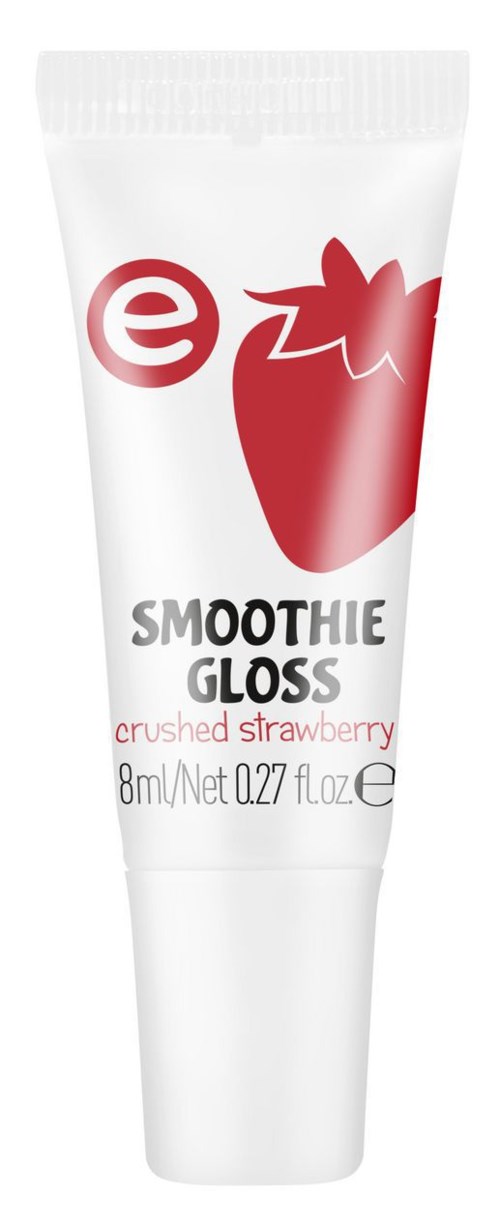 En vit tub med en röd jordgubbsillustration och text för ett smoothie gloss med smak av krossad jordgubbar.