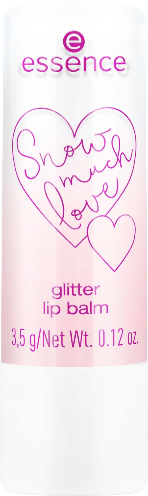 A white lip balm tube with pink text and two hearts. The label says "Snow much love" and "glitter lip balm."