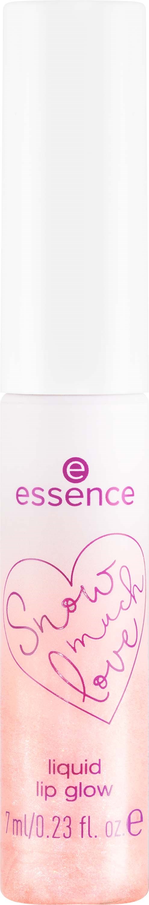 Läppglansrör med rosa text och ett hjärta, märkt "Snow Love" från Essence.