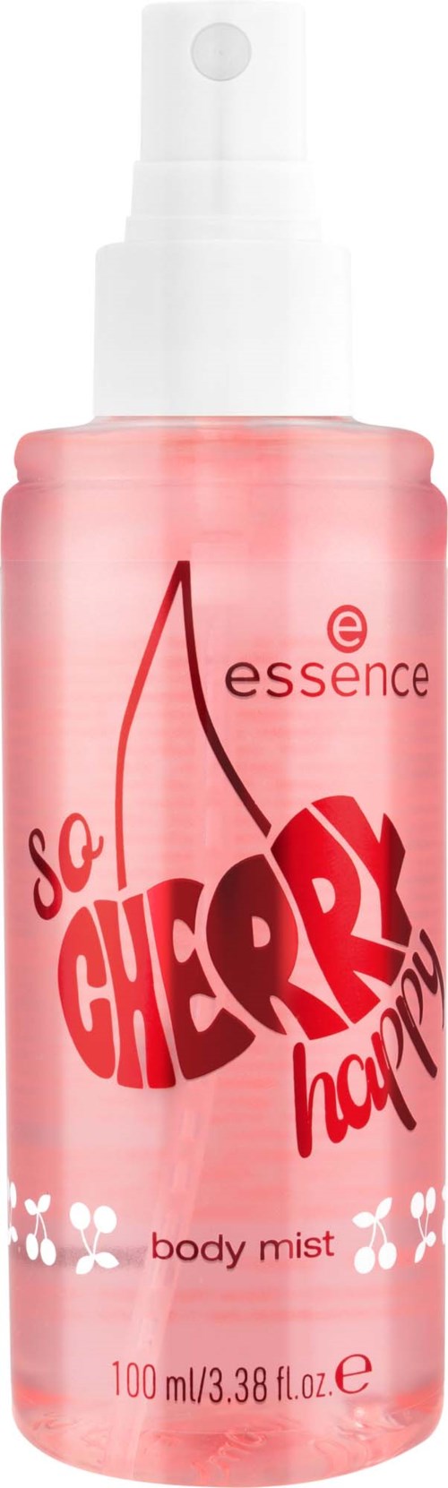 Rosa Flasche mit Kirschen-Illustrationen und rotem Text, der 'Cherry happy' sagt. Es ist ein Körperspray.