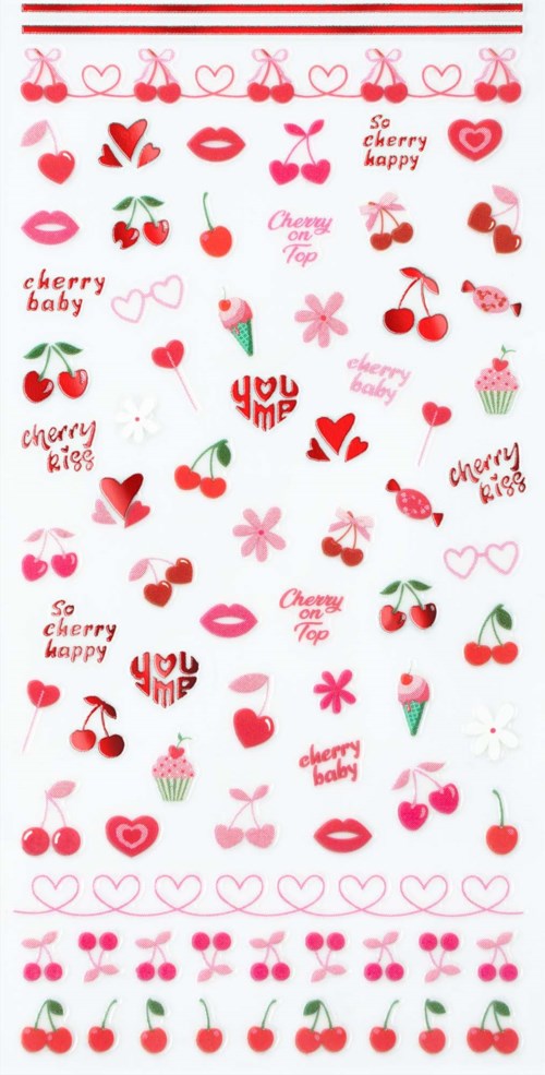 A sheet with various cherry and love-themed stickers, including cherries, lips, hearts, flowers, and cupcakes.