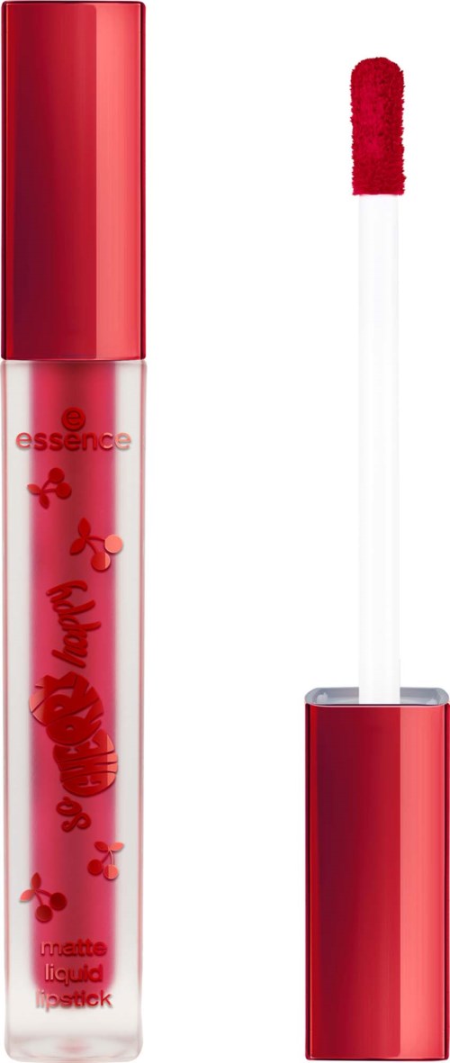 Red lipstick with a liquid applicator and cartoon butterfly design on the tube.