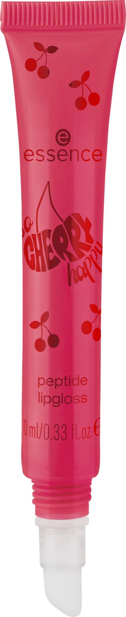 Pink cherry-flavored lip gloss tube with cherry illustrations and brand name Essence. Small size, 0.38 oz.