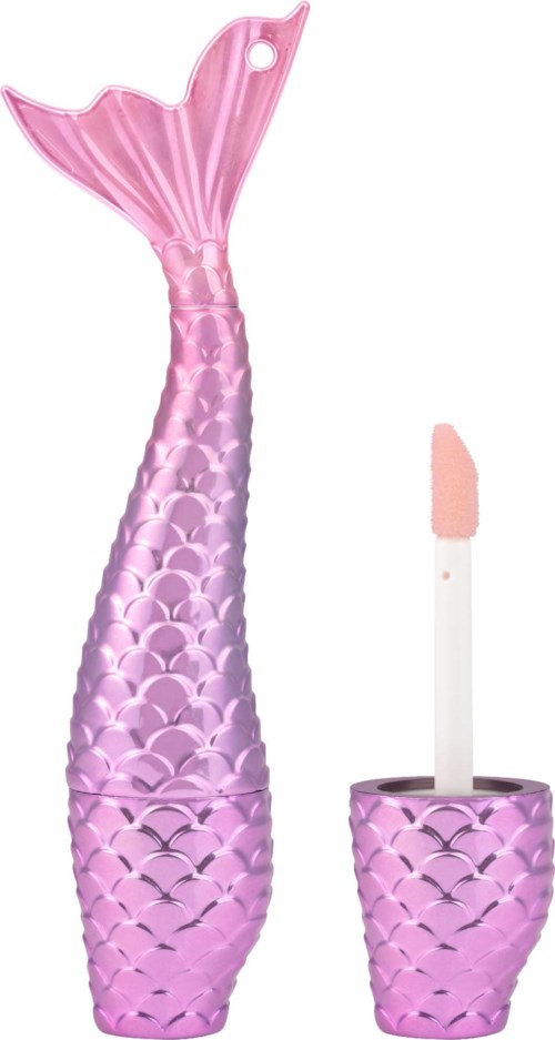 A pink mermaid tail-shaped container with a lid, and a matching pink gloss applicator.
