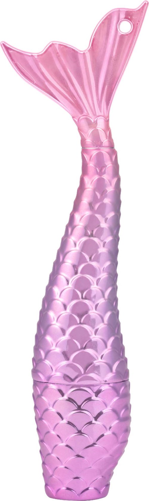 A pink inflatable pool float shaped like a mermaid tail with scale patterns and a fin.