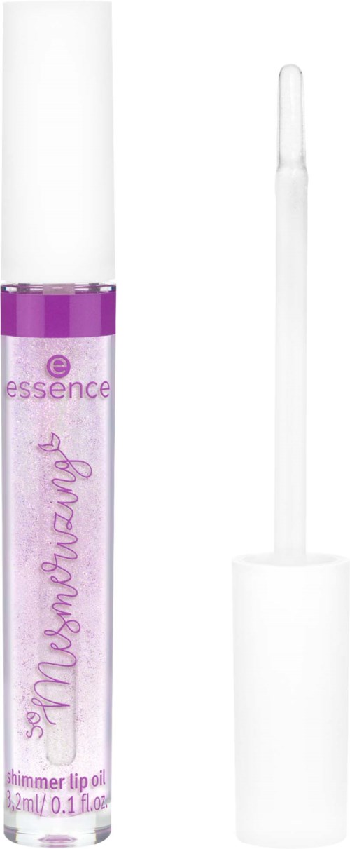 A clear container with purple top, labeled 'essence' and 'shimmer lip oil', has an applicator inside.