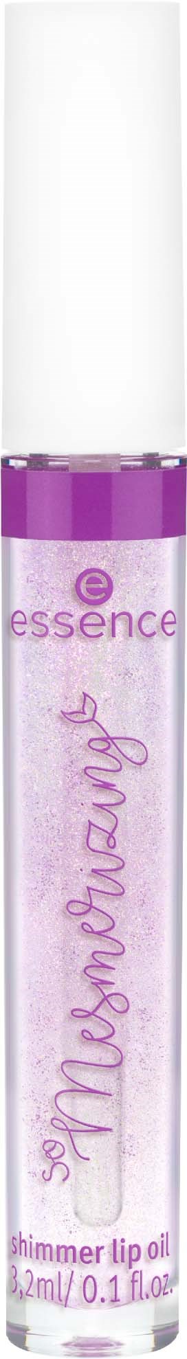 A clear lip gloss tube with a purple cap and pink text, labeled as "Mouvement" by Essence.