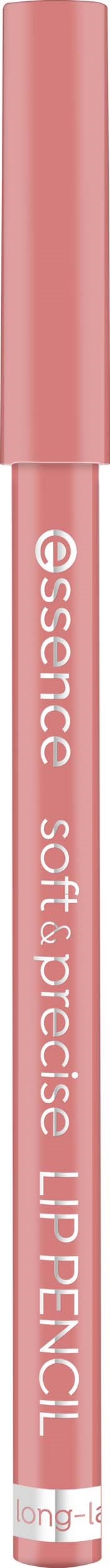 En rosa läppennor med vit text som säger 'essence soft precision LIPLINER.'