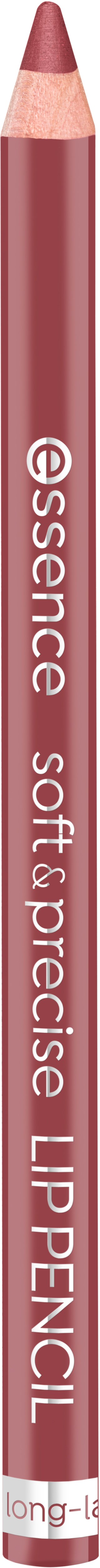 A soft pink lipstick pencil with white text reading 'essence' and 'Soft & Precise LIP PENCIL.'