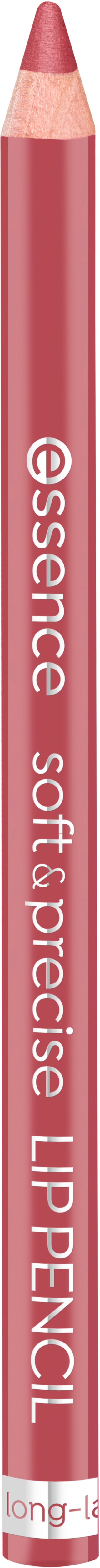 A pink lip pencil with white text that says 'essence soft & precise lip pencil' and a wooden tip.