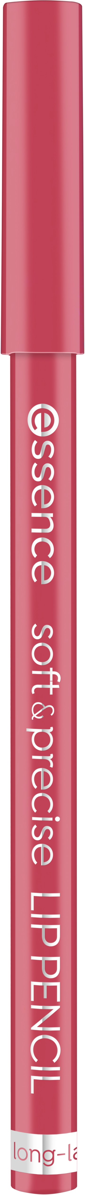 A pink lip pencil labeled 'essence soft precise LIP PENCIL' stands vertically against a white background.