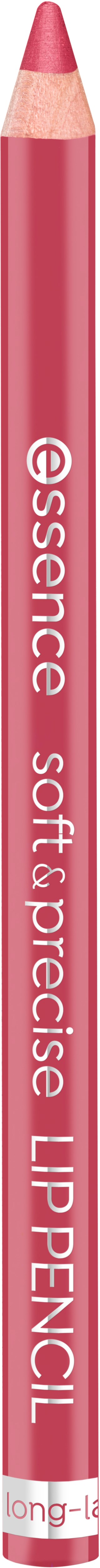 A pink lip pencil with the brand name 'essence' and the description 'Soft & precise' written on it.