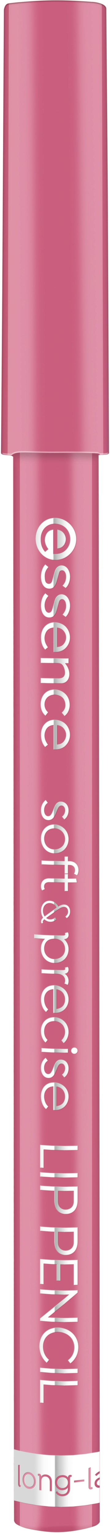 A pink lip pencil with white text reading 'essence soft precision LIP PENCIL' on a plain black background.