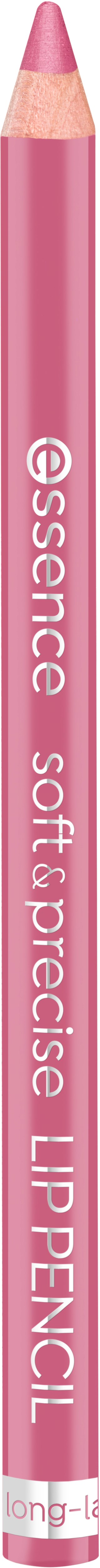 A pink lip pencil with white text. It is branded as Essence, soft & precise, and designed for lips.