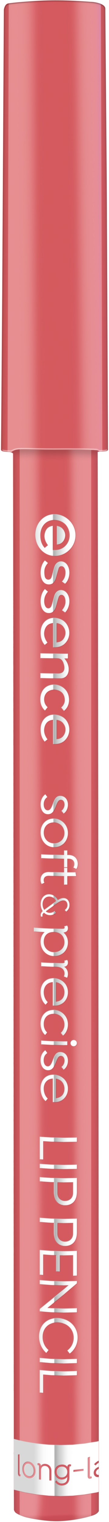 A pink lipstick pencil with the words 'essence soft influence LIP PENCIL' written on it.