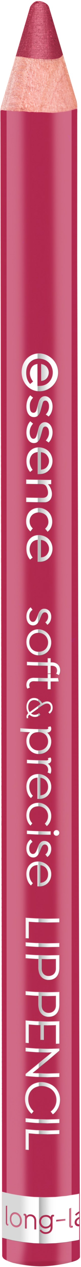 A pink lip pencil with white text, labeled 'Essence Soft & Precise Lip Pencil,' against a black background.