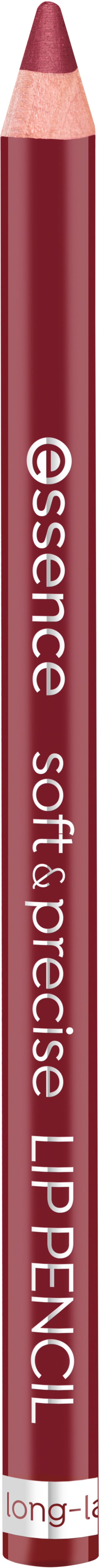 A red lip pencil with the brand name 'essence' written on it, labeled 'Soft & Precise Lip Pencil'.