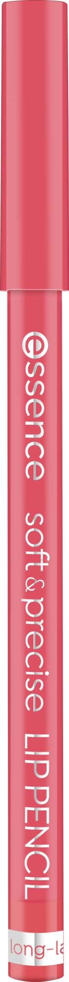 A pink lip pencil with the label 'essence soft precise LIP PENCIL' on it.