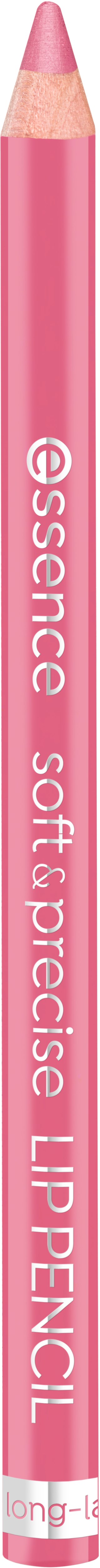 A pink lip pencil branded 'essence' with white text, indicating it is soft and precise.