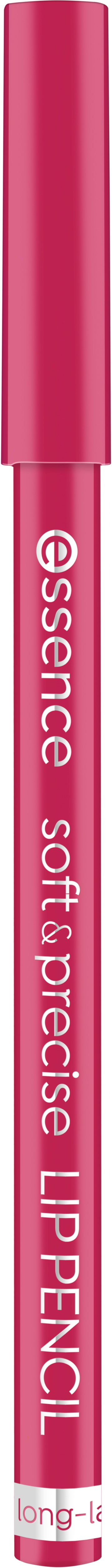 A pink lip pencil labeled 'essence soft@pencil' with a cap on top.