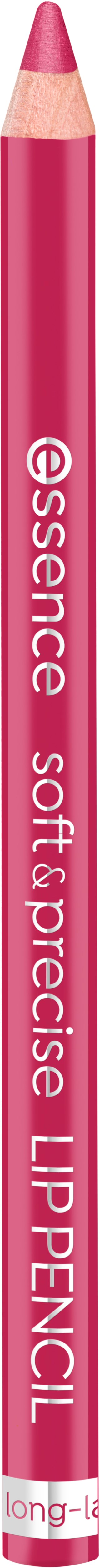 A pink lip pencil with white text: 'essence soft & precise LIP PENCIL'. It has a sharpened tip.