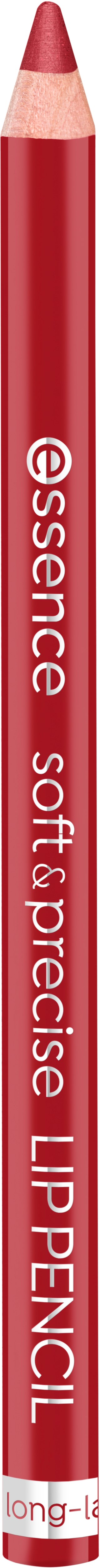A red lip pencil with white text, labeled 'essence Soft & Precise Lip Pencil', standing vertically.