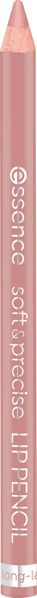 A pink lipstick pencil with white text reading 'essence soft + precise LIP PENCIL' on it.