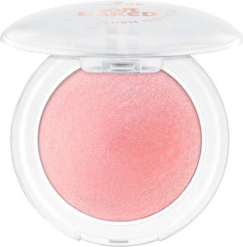 Rosa rouge i ett runt fodral med vit lock. Rouge har en mjuk, sammetliknande textur.