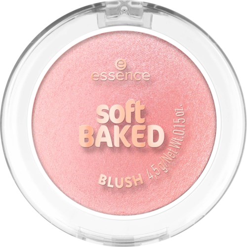 Rosa rougecompacta med genomskinligt lock, märkt essence soft BAKED, 4,5 gram vikt, och en slät, bakad textur.