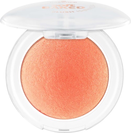 En rund rougecompact med en orange nyans. Locket är delvis öppet och visar makeupen inuti.
