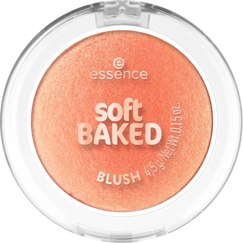 Ett runt rouge-förpackning med persikofärgad puder och vit text som säger 'soft BAKED' och 'BLUSH'.