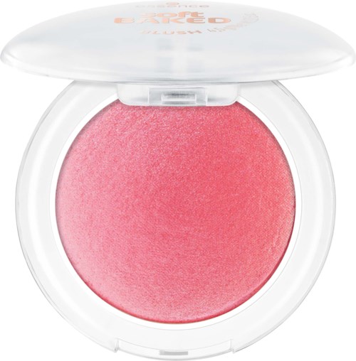 Rund rouge med rosa och korallnyanser i en vit kompakt. Locket har text på sig.