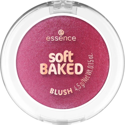 Ljusrosa rouge med mjuk, bakad textur och enkel vit och rosa text på en tydlig behållare.
