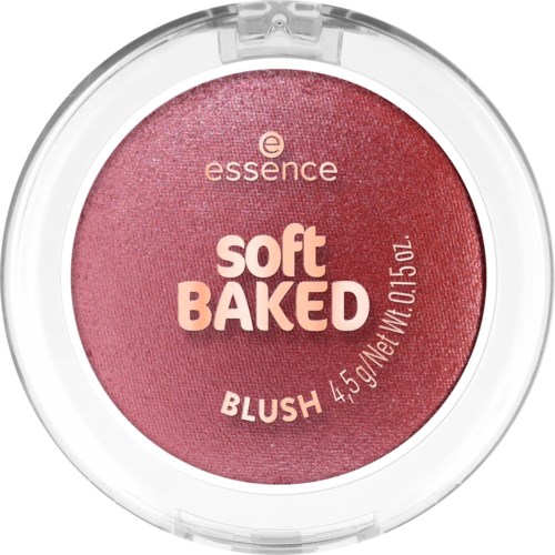 En rund rougebehållare med rosa make-up inuti, märkt essence soft BAKED med viktuppgifter.