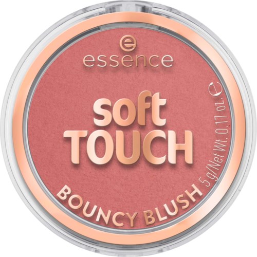Een ronde make-upverpakking met roze blush, labeled essence soft TOUCH BOUNCY BLUSH, 0.17 ounces.
